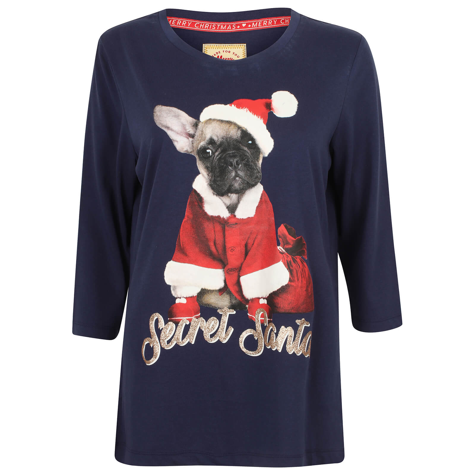 Mr Crimbo Womens Christmas Top 3/4 Sleeve Secret Santa Puppy - MrCrimbo.co.uk -SRG3C12019_A - Navy -Blue